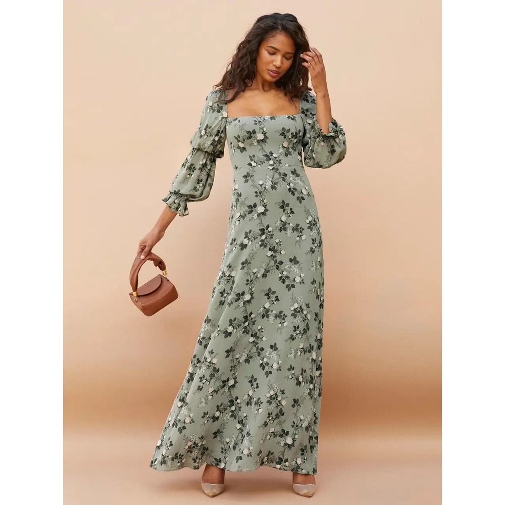 Reformation Floral Maxi Dress Stars in Verde Square Neck Green Womens 4 NEW